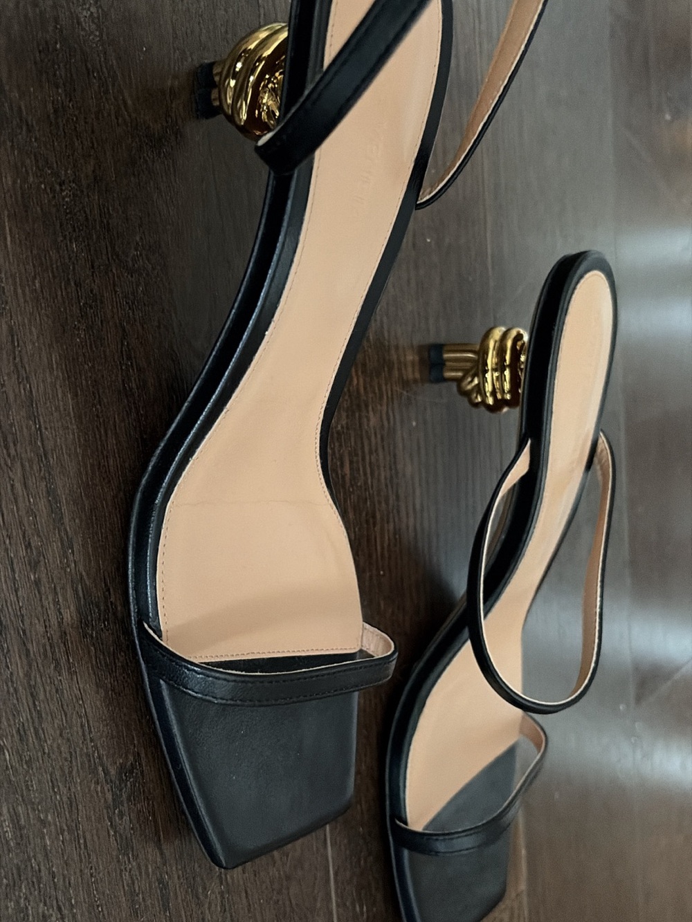 Bottega Veneta Black Leather Square-Toe Slingback Heels with Gold Knot Heel - Picture 5 of 6